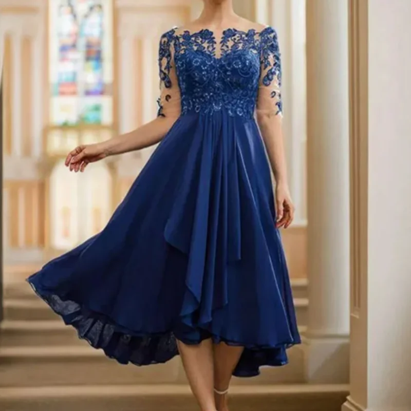 

Round Neck Exquisite Pleated Applique Embellished Evening Dress Chiffon Short Sleeve And Calf Length Mother Of The Bride Dress