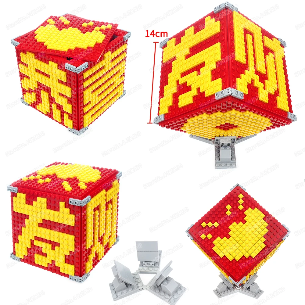 

Red Square Box Ornaments Building Block Assemble Pixel Text Magic Bless Congrats Get Rich Scenes Model Child Christmas Gift Toys