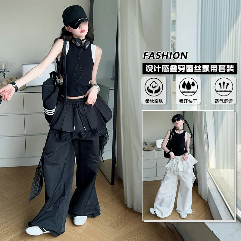 Girls Sporty Vest And Lace Black/White Pants Outfit Size 6-14Y Spring Summer 2-Piece Child Casual Dancing Loose Clothing Set