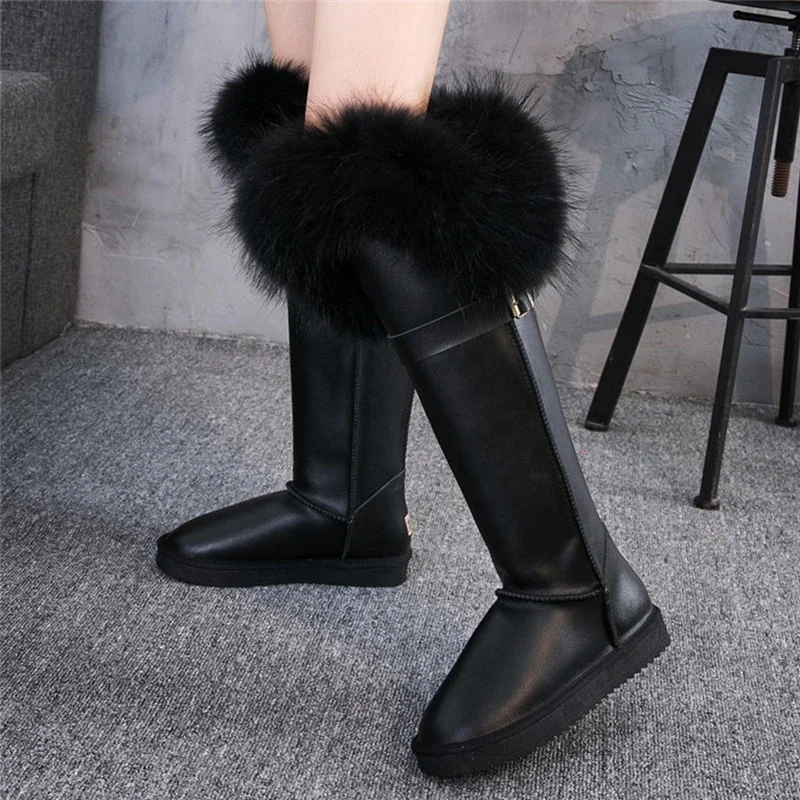 G&Zaco  Winter Natural Black Fox Fur Snow Boots Cow Genuine Leather Knee High Boots Long Waterproof Raccoon Women Boots