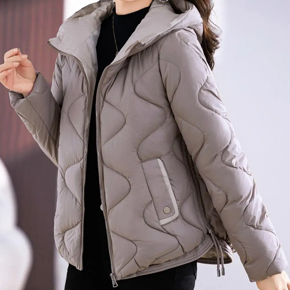 Winter Lady Down Coat Solid Color Long Sleeves Hooded Padded Coat Thicken Neck Zip up Outdoor Cotton Coat With Pocket