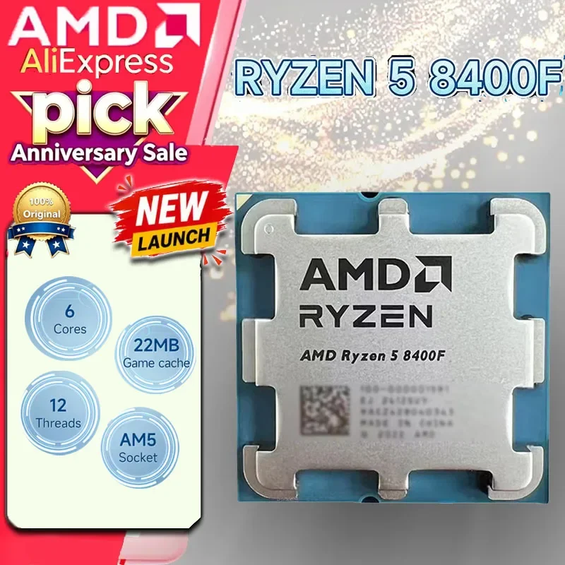 

AMD Ryzen 5 8400F AM5 Gaming Processor 6-Core 12-Thread 4.2GHz Boost 16MB L3 Cache 4nm 65W DDR5 New Tray CPU Without Cooler