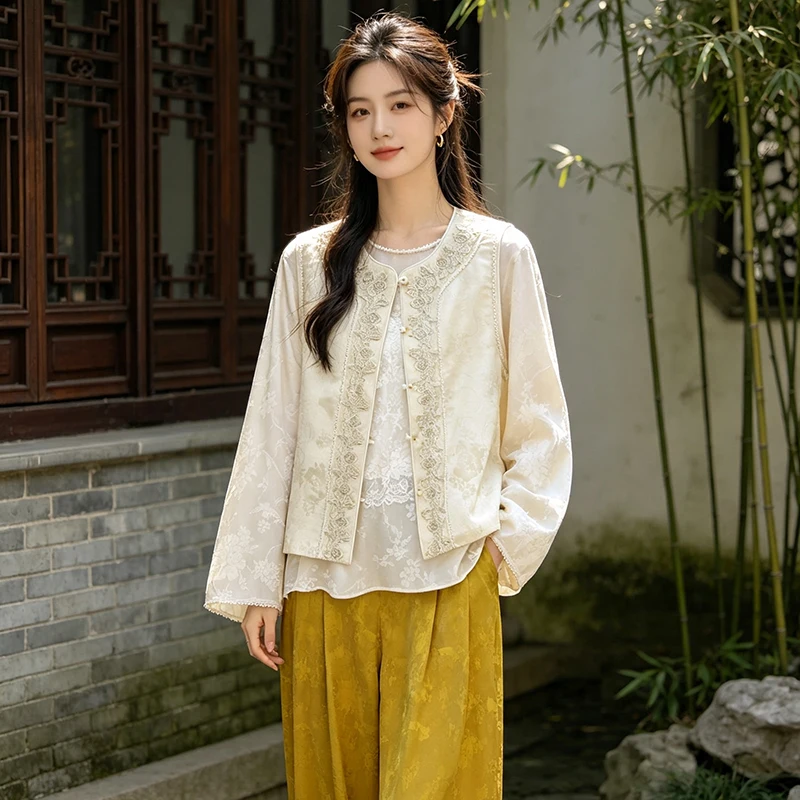 New Chinese Style Autumn Heavy Embroidery round Neck Vest Vintage Long Sleeve Bottoming Wide Leg Pants Set Women's Fashion
