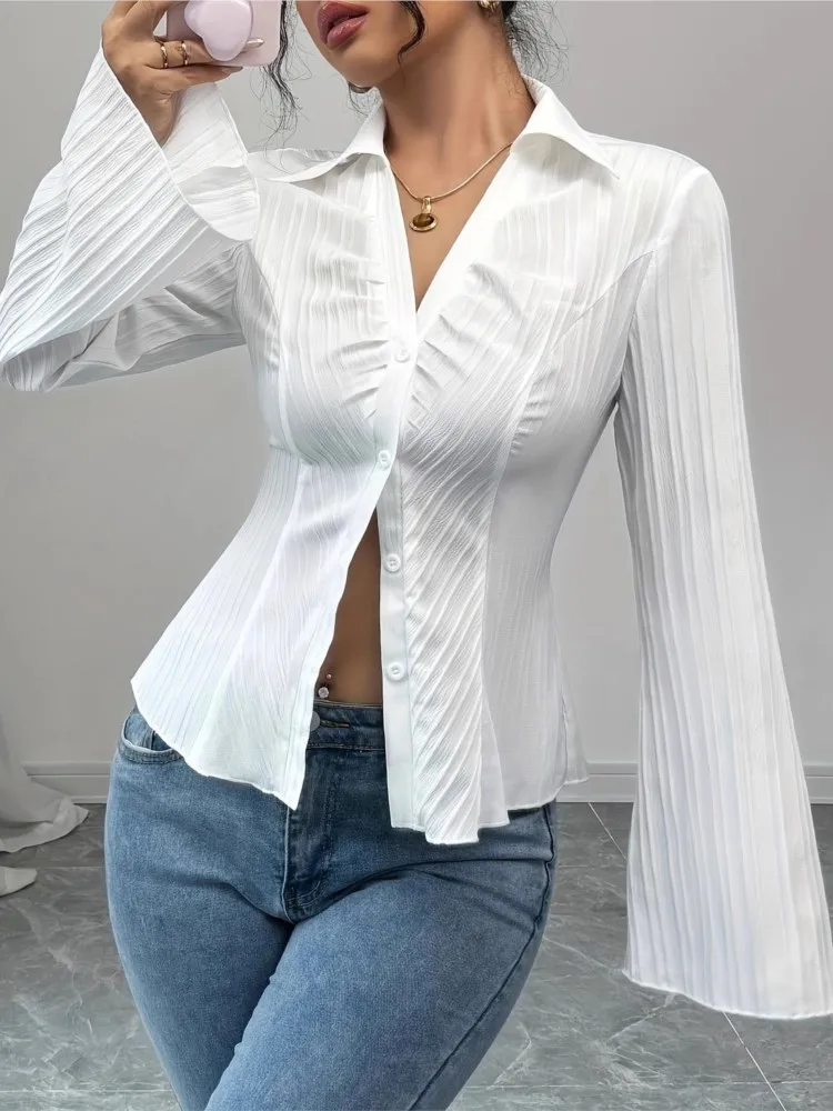

Fashionable Commuting All-match Women's Shirt Spring Summer New Elegant Lapel Single-breasted Cardigan Solid Color Striped Shirt