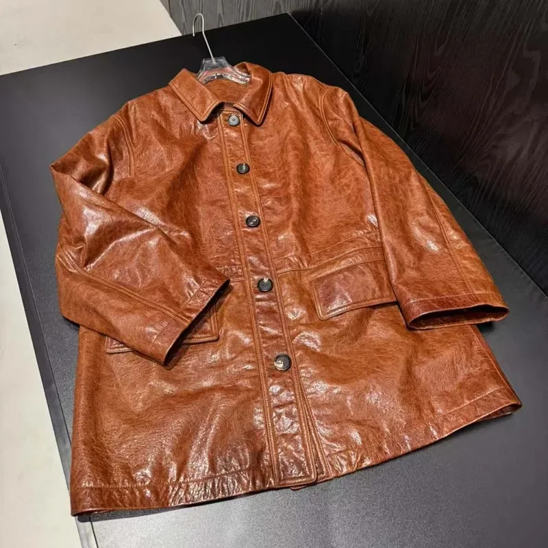 Weicher Mantel aus Ölwachsleder für Frühling, normale Länge, Umlegekragen, einreihig, hohe Qualität