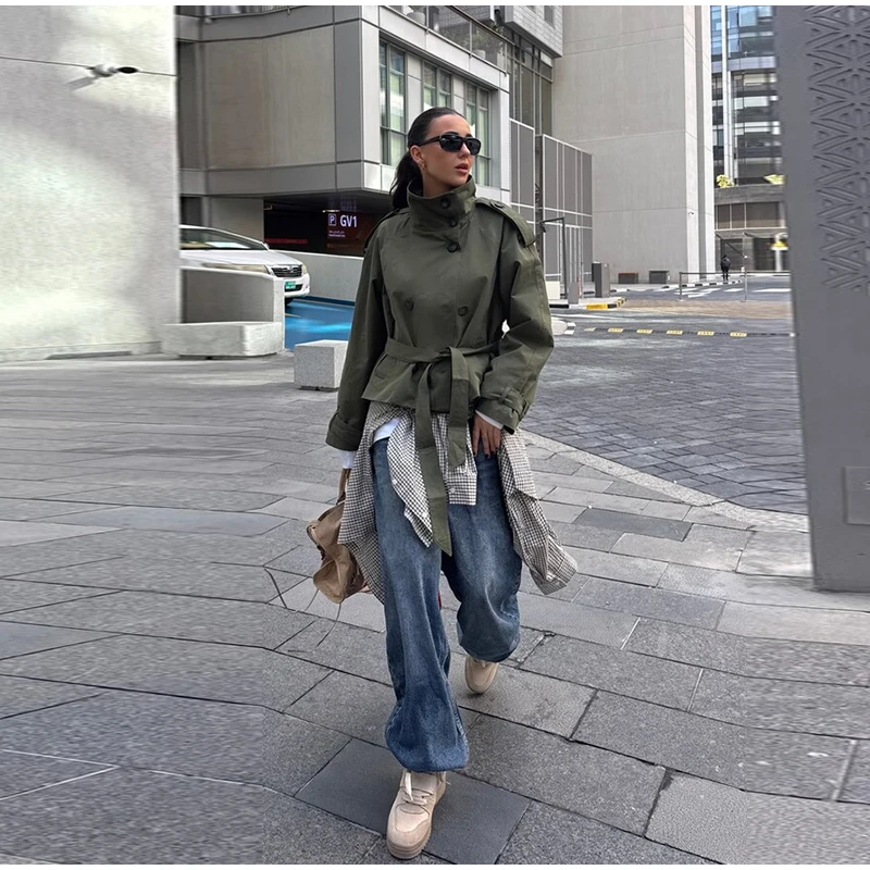 Women's Coats Jacket Double Breasted Belted Cropped Trench Coat Stand Collar Long Sleeve Casual New Arrival Outerwear For Ladies