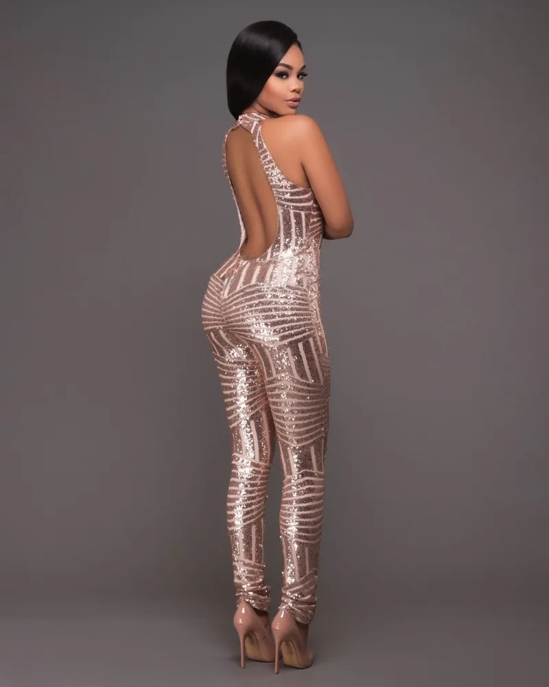 Summer Women\'s Sparkling Halter Party Jumpsuit 2023 New Women Sexy Gold Sequin Jumpsuit Body Ladies Overalls Club Mesh Jumpsuit