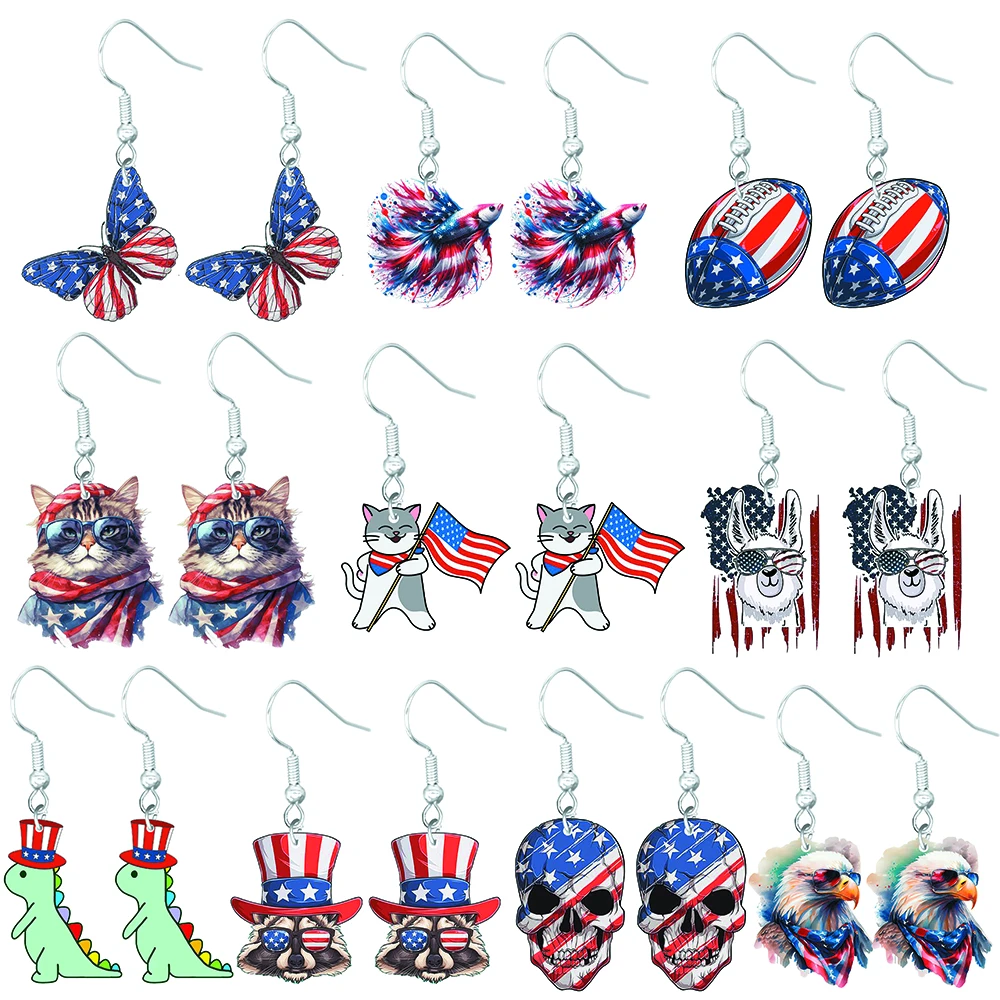 Independence Day earrings, female flag animals, butterflies, dinosaurs, eagles, cats, skeletons, rugby, holiday party gifts