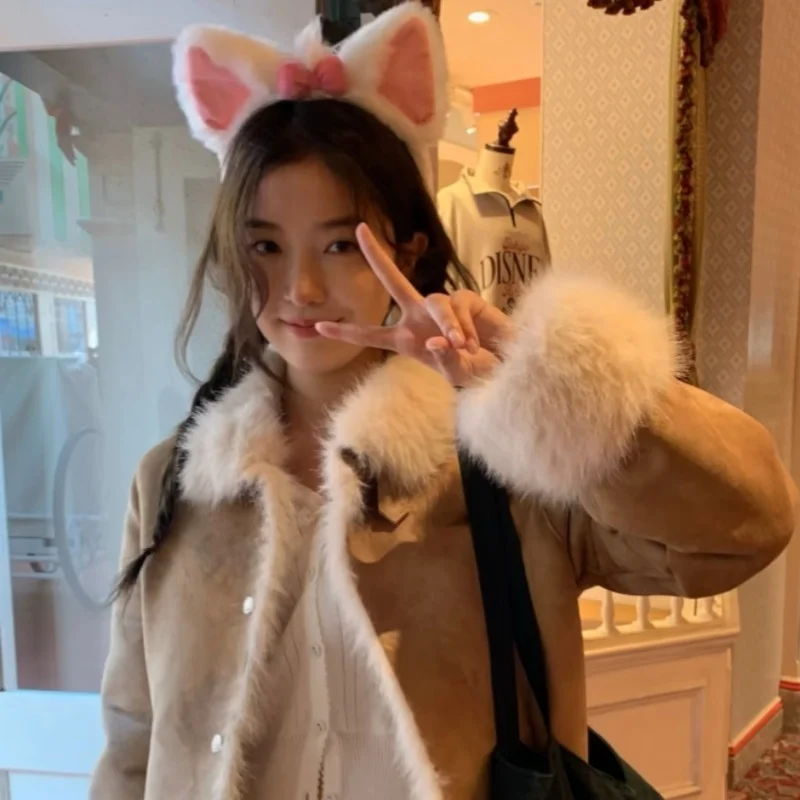 

Кожаное и меховое пальто с одной пуговицей в стиле ретро, Новое зимнее поступление, корейская хлопковая молодежная верхняя одежда Sle Thi