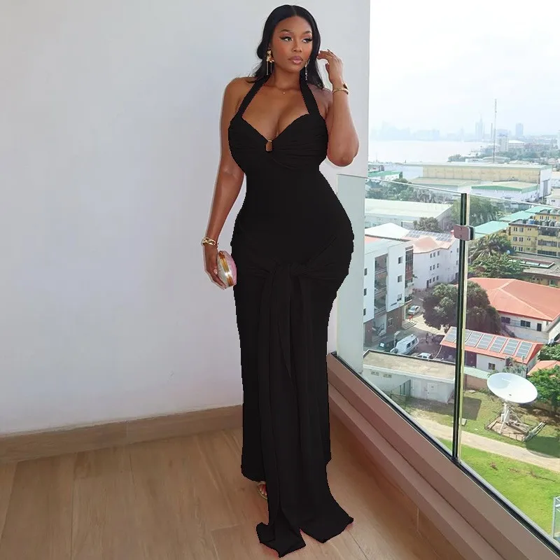 Women's Elegant Solid Color Halter Neck Backless Ruched Long Sleeveless Dress for Wedding Guest Party Prom Wedding Party
