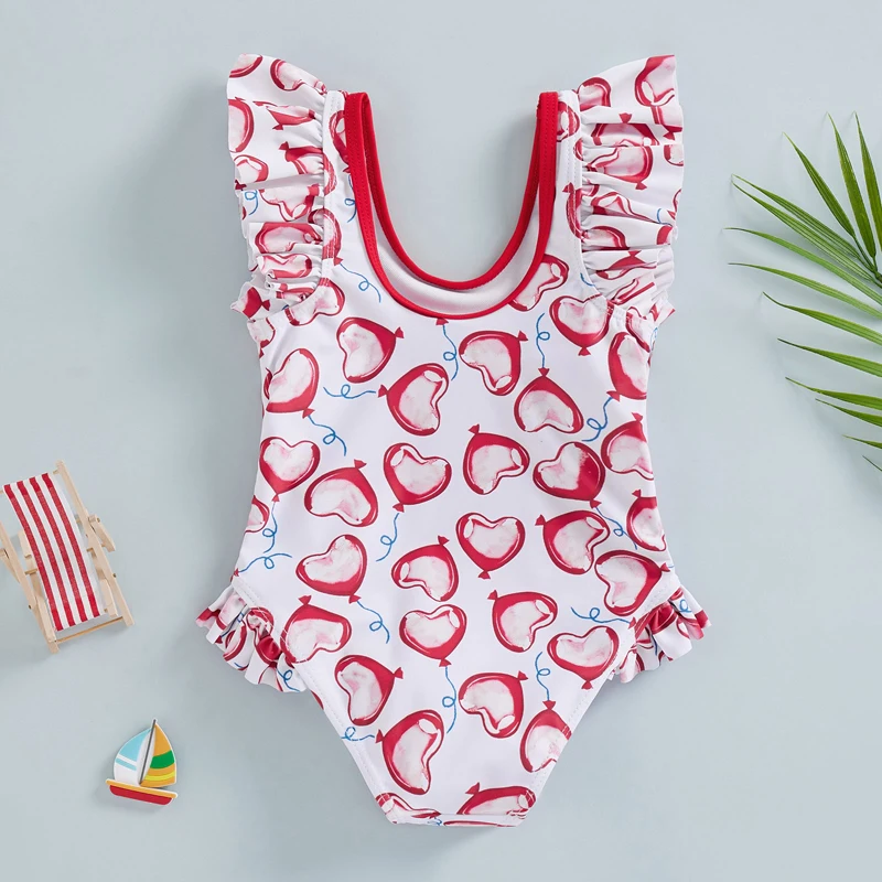 Nový děti děvče swimsuits srdce balón tisk volánky létající rukáv plavek beachwear koupací obleků 18 months-6 let horké prodej