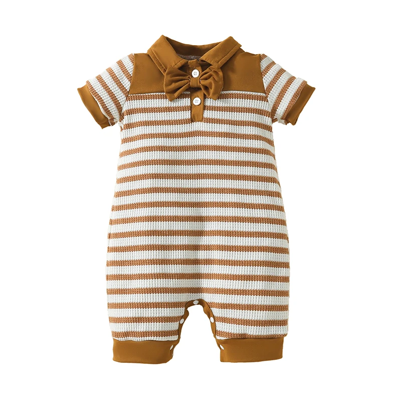 

Baby Boy Jumpsuit Short Sleeve Lapel Collar Stripes Print Bowtie Romper Newborn Playsuit