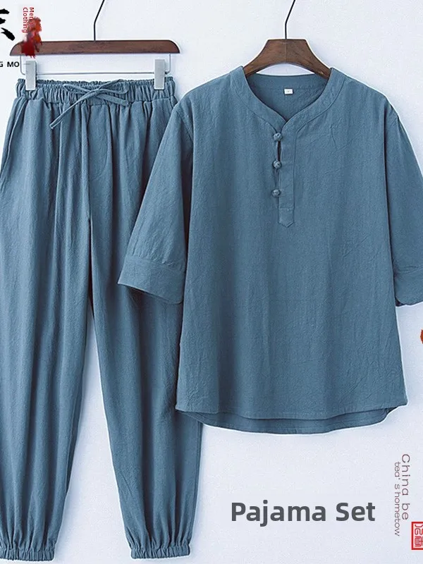 

Men's Cotton Linen Short Sleeve T-Shirt And Pants Set Summer Casual Sportswear Trendy Half Sleeve Loose Fit Comfortable Men's...