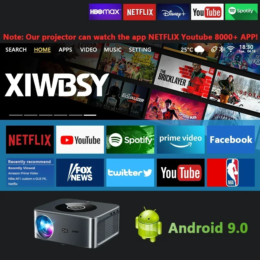 XIWBSY Android Projector 4K 25000Lumens Auto Focus/Keystone Projector 8K Video Dolby Audio Office Home Theater Beamer Proyector