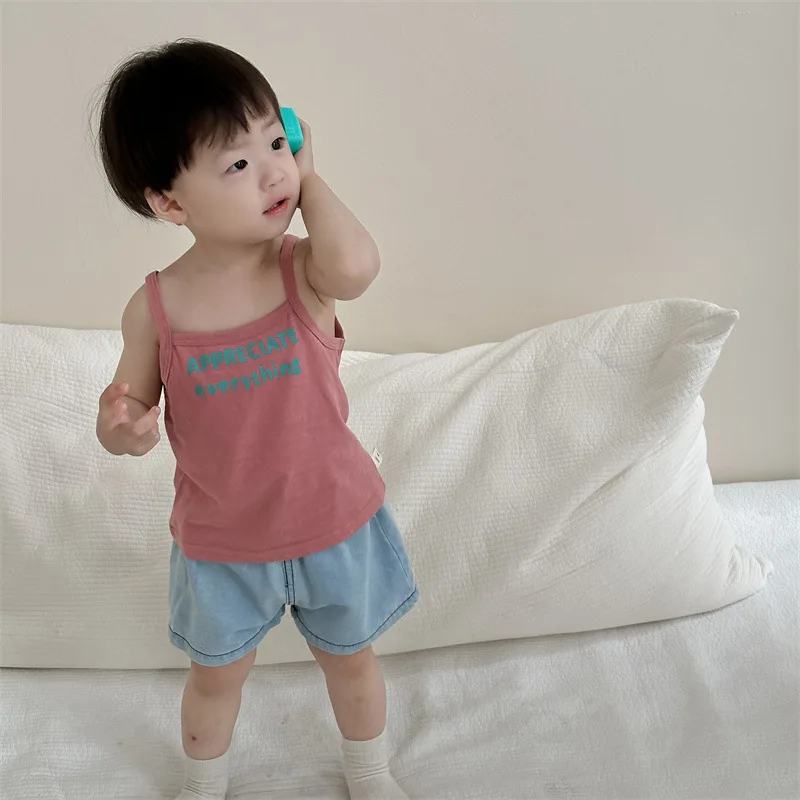 

Summer Outfits Boy Girl Letter Print Suspenders Shirt + Denim Shorts 2pcs Children Sleeveless T-shirt Set Baby Cotton Tops Suit