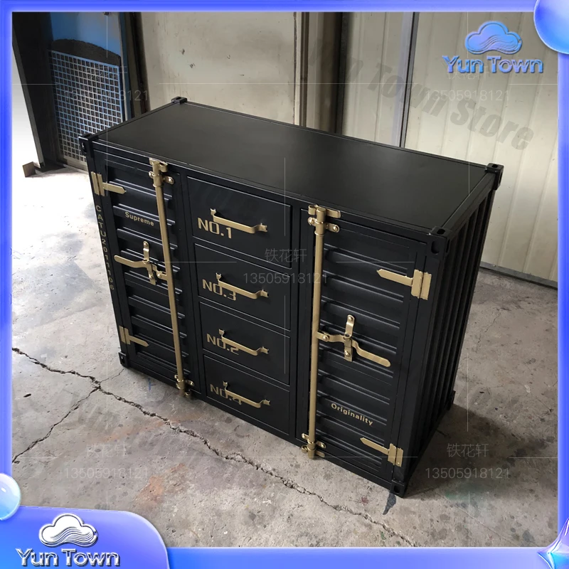 Old goods Industrial solid wood sideboard Metal iron container Bar reception Restaurant Hotel tea service