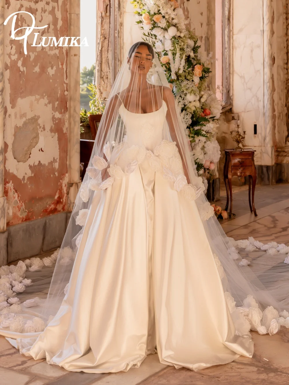 Elegancka suknia ślubna na ramiączkach spaghetti z satyny, romantyczna, z dużym, zwiewnym dołem, słodka suknia balowa, długa suknia ślubna do ziemi, szata.