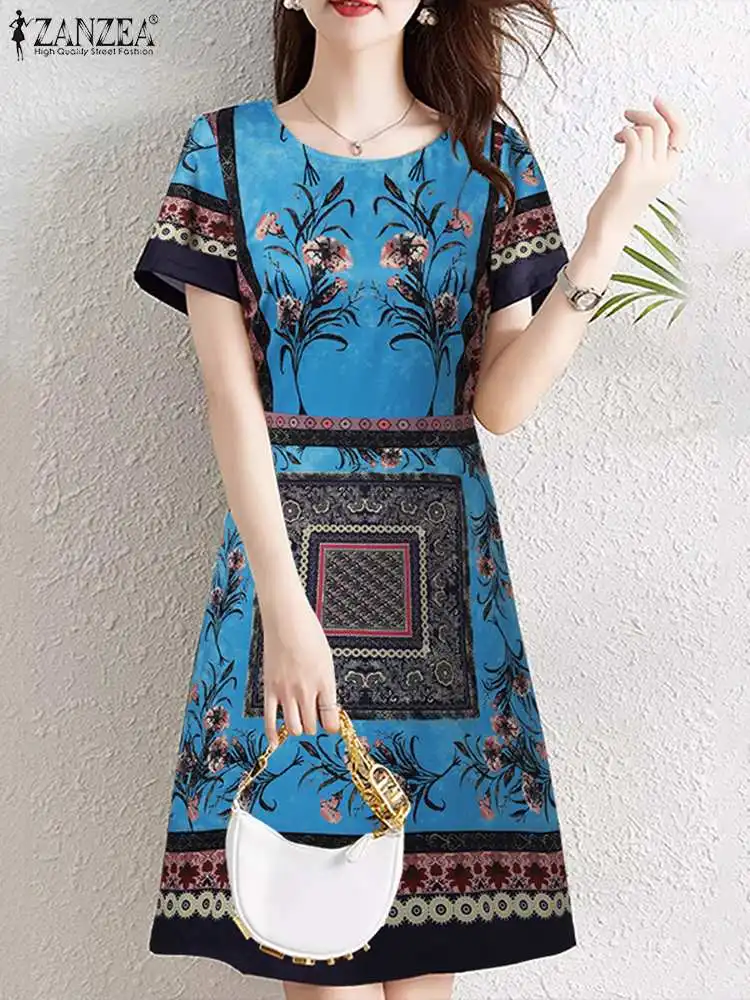 

ZANZEA Fashion Summer Sundress Women Vintage Party Holiday Knee-length Dress Casual Short Sleeve Floral Printed Loose Vestido