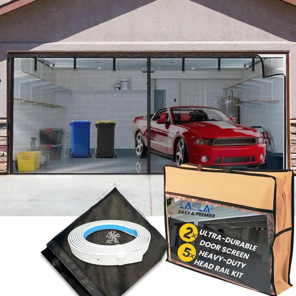 

16x7ft Two-Car Garage Door with Retractable Fiberglass Mesh and Heavy-Duty Weighted Bottom, Easy Assembly