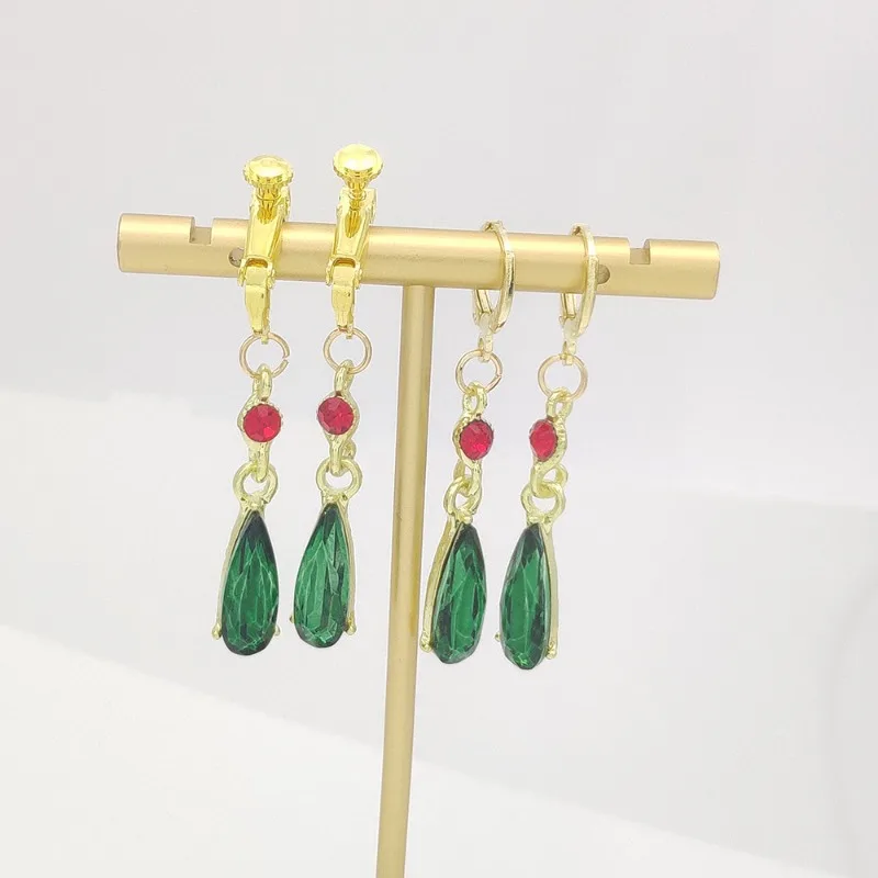 Waterdrop Green Crystal Dangle Earrings No Piercing Ear Clips Hoops Cute Fantasy Cartoon Fashion Alloy Jewelry Daily Wear Ear