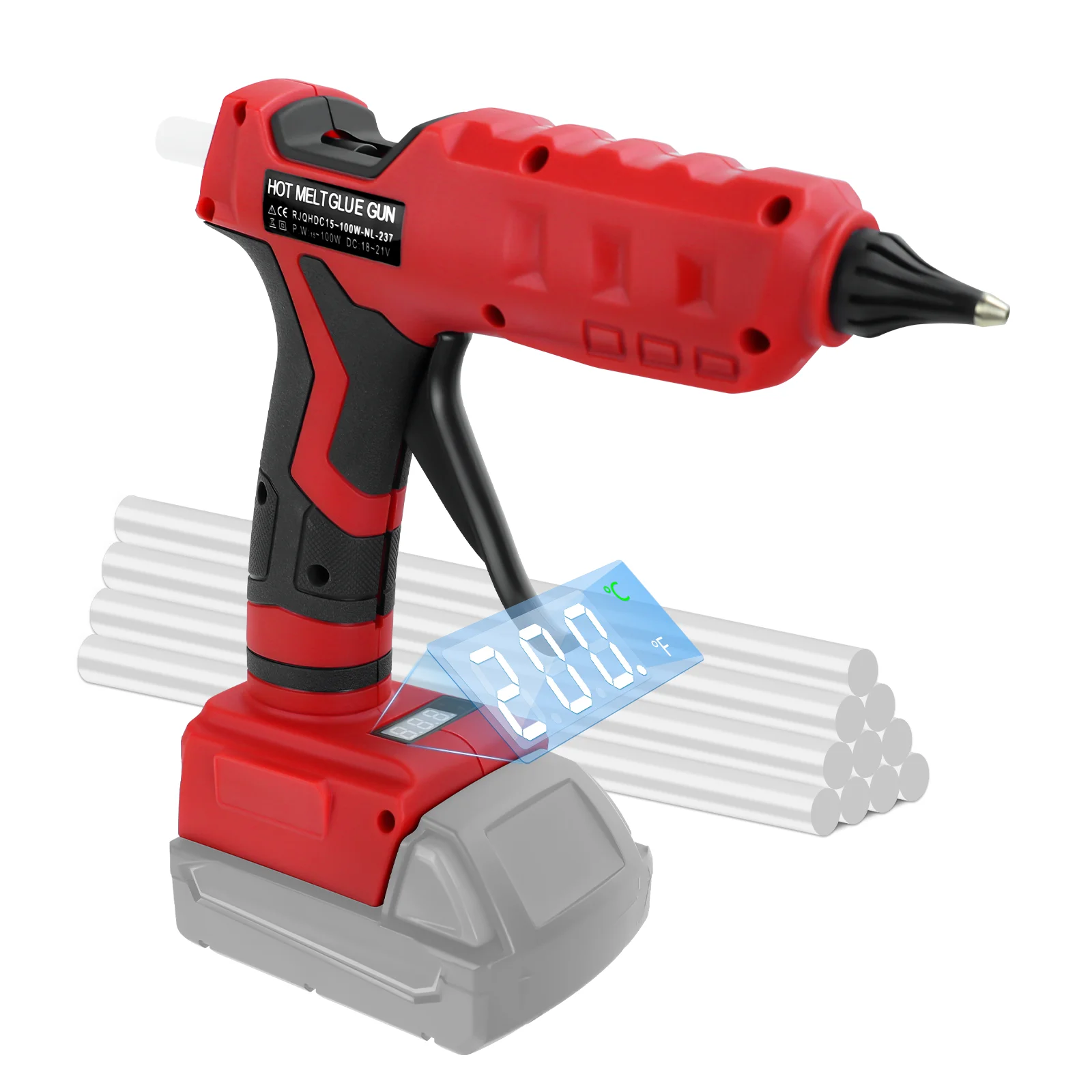 

100W Cordless Hot Glue Gun for Milwaukee 18V Battery (No Battery) with 10Pcs 11mm Glue Sticks & LCD Digital Display Glue Gun