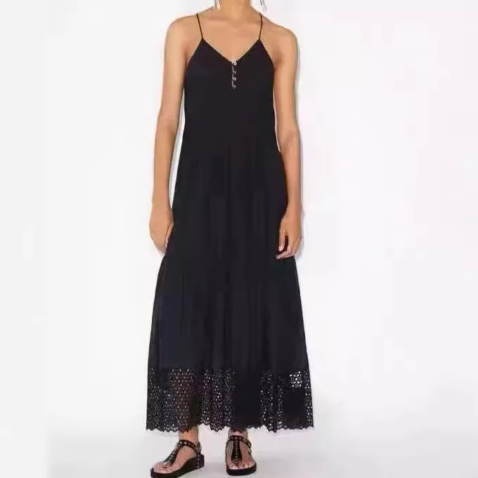 

2025 Isabels Marants Fashion Vintage New Halter Dress Premium Sense Vacation Style Hollow Out Embroidered Lace Lace Long