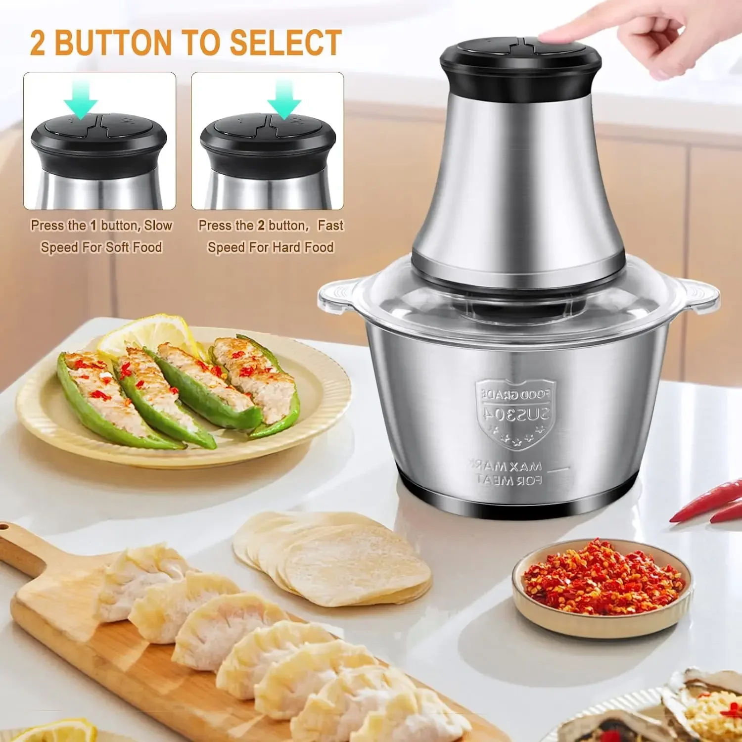 Electric Meat Grinder Stainless Steel Food Processor Chopper Kitchen Utensils Vegetable and Fruit Chopper Household Grinder