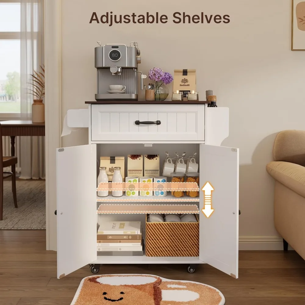 عربة جزيرة المطبخ جيسون بيضاء 33 واسعة مع رف قابل للتعديل وعربة متنقلة على عجلات معدنية ودرج وخزانة تخزين