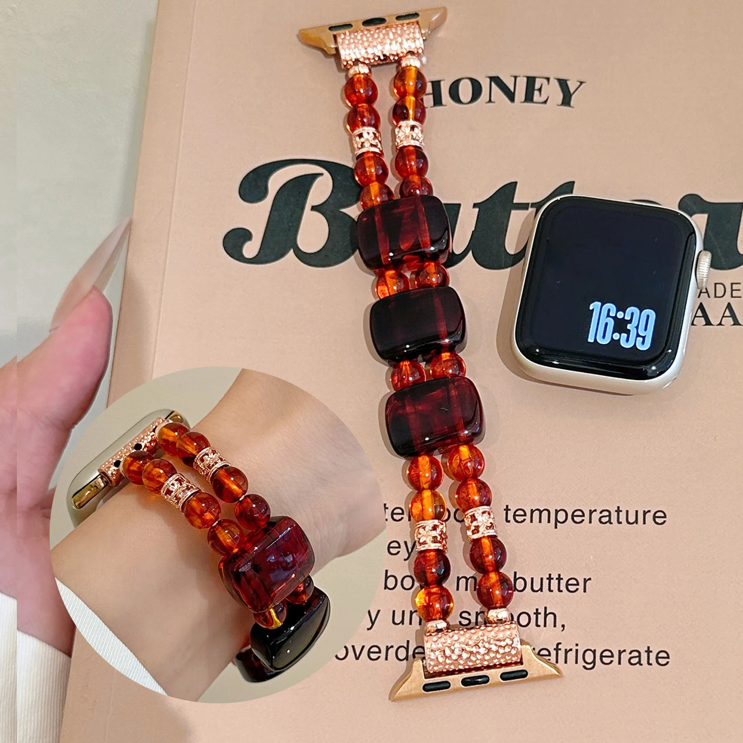 

Amber beeswax pomegranate red elastic bracelet for Apple Watch S10 46/42mm 45-38mm elegant women's strap for iwatch series S9 S8
