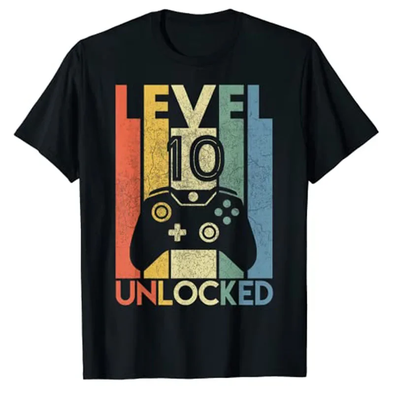 Level 10 Unlocked Shirt Funny Video Gamer 10th Birthday Gift T-Shirt Boys Fashion Awesome Graphic Tee Tops Sons B-day Presents