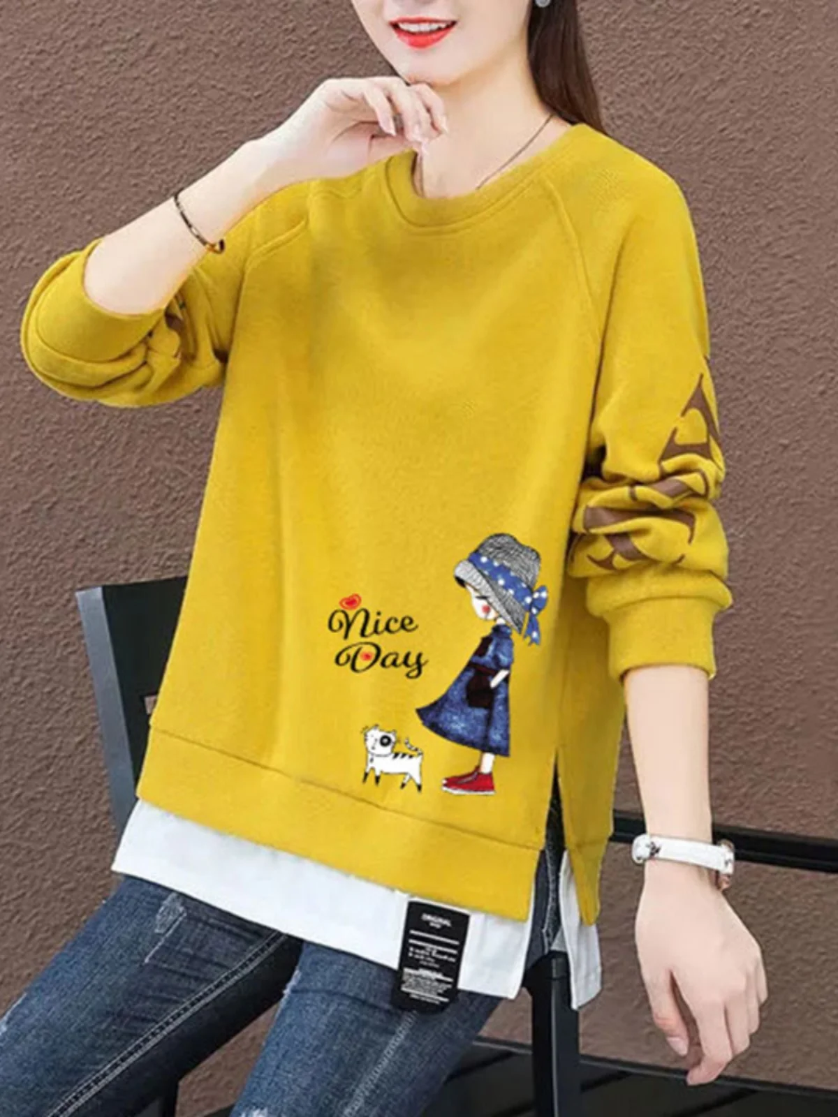 เสื้อสเวตเตอร์ทรงหลวม คอกลม แขนยาว ความยาวปานกลาง สไตล์เกาหลี เสื้อคลุมแฟชั่น ทันสมัย ดีไซน์สองชิ้นในตัว สำหรับฤดูใบไม้ผลิ ฤดูใบไม้ร่วง ฤดูหนาว