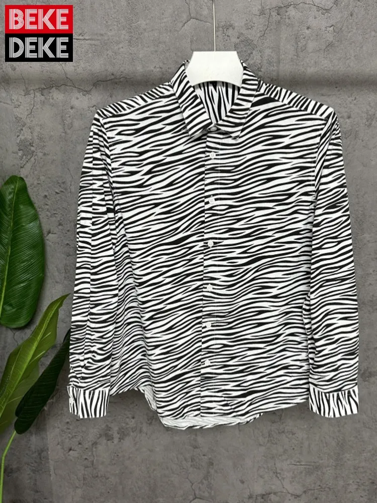 

Printed Mens Zebra Stripe Long Sleeve Shirt Spring Autumn Daily Casual Shirts Single Breasted Turndown Collar Fashion Tops Male