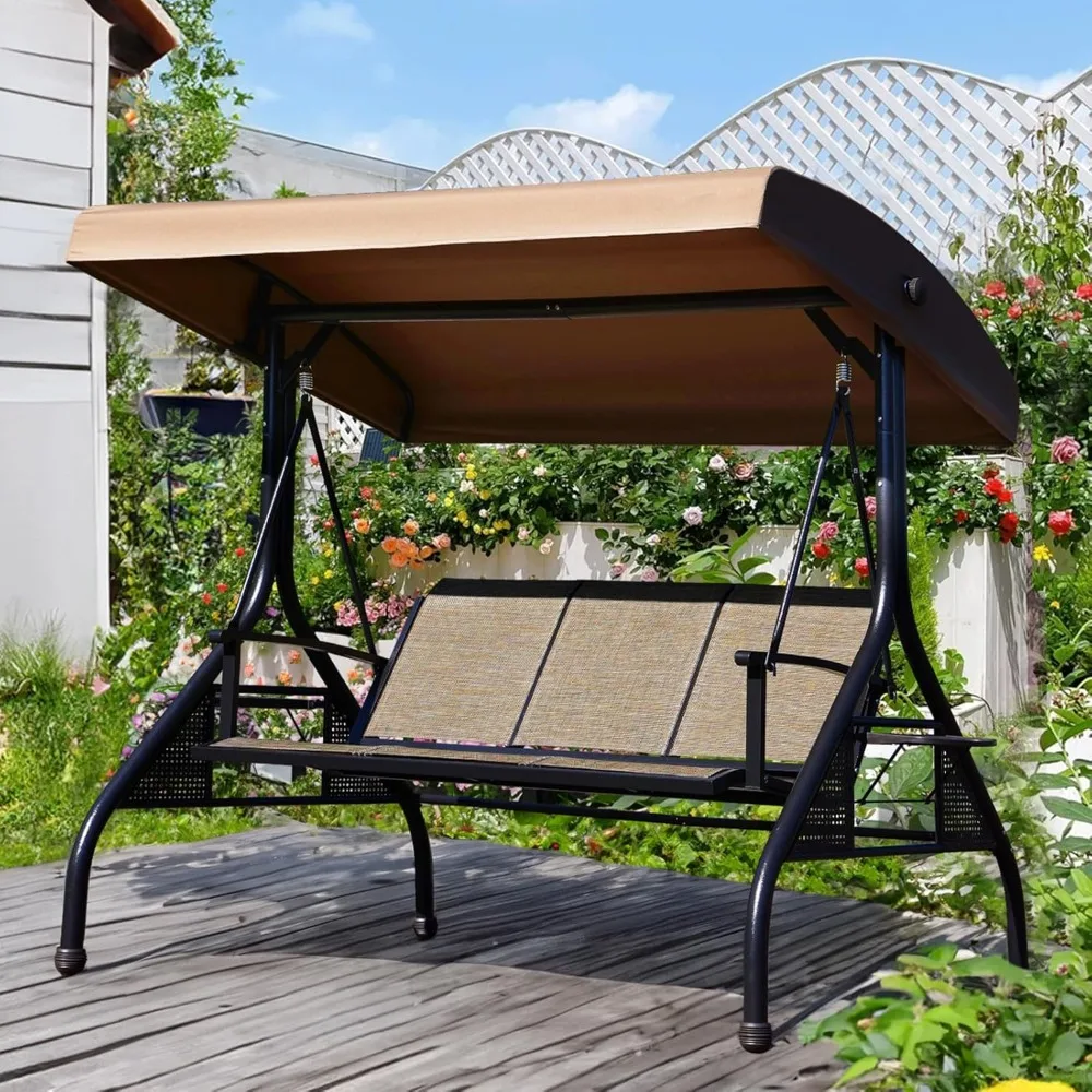 Outdoor Patio Swing with Adjustable Canopy, 3 Seat Outdoor Porch Swing with Stand, Cup Holders, Waterproof Textilene Swing Chair