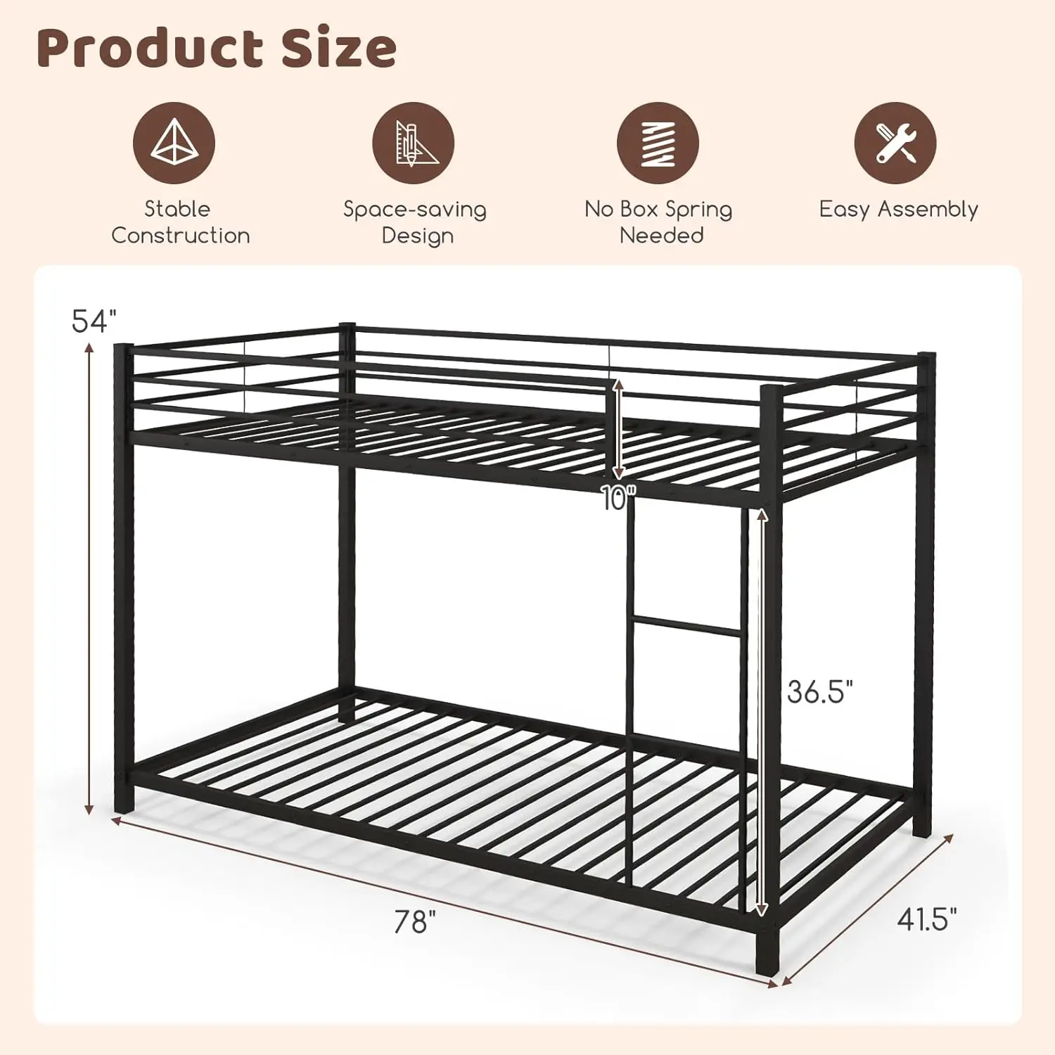 Metal Bunk Bed Twin Over Twin, Classic Bunk Bed Frame with Safety Guard Rails & Side Ladder, Heavy Duty Space-Saving Des