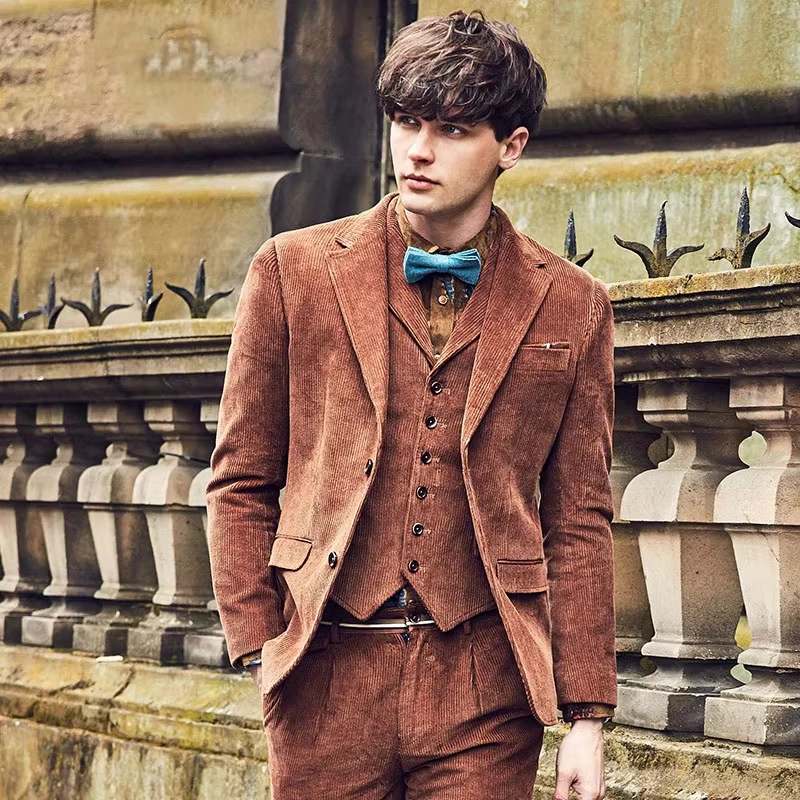 

Corduroy Brown Suits Jacket Single Breasted Casual Coat Jacket Slim Fit Blazers Business Leisure wedding British Style Suit Set