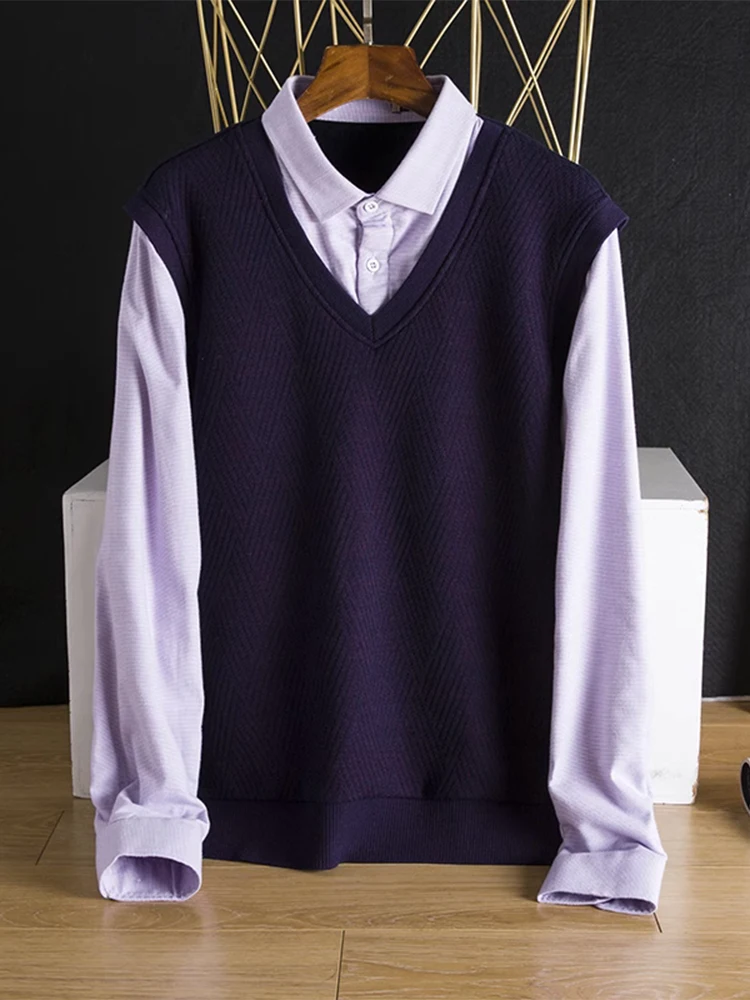 

Faionable Urban Men's Fce Lined Thiened irt Collar Knitted Sweater Fake Two-Piece Sli All-Match Winter Long Sve