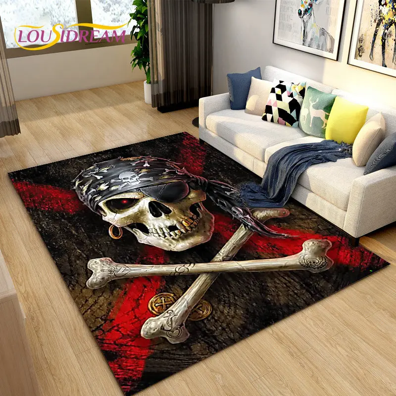 3D Horror Death Skull Pirate  Area Rug,Carpet Rug for Living Room Bedroom Sofa Doormat Decoration, Kids Play Non-slip Floor Mat