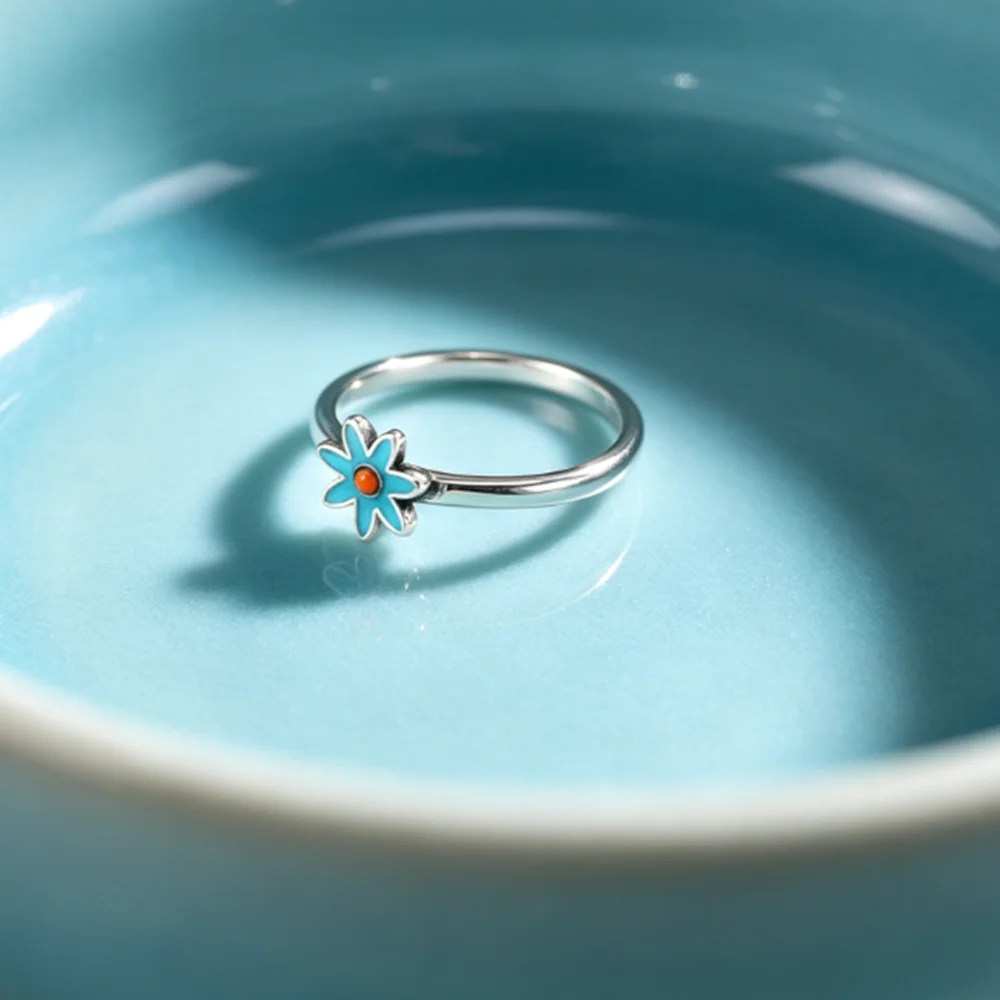 S925 Cute Enamel Small Flower Band Ring Silver‑Tone Turquoise Blue Floral Finger Ring For Women Girls, Minimalist Statement Ring