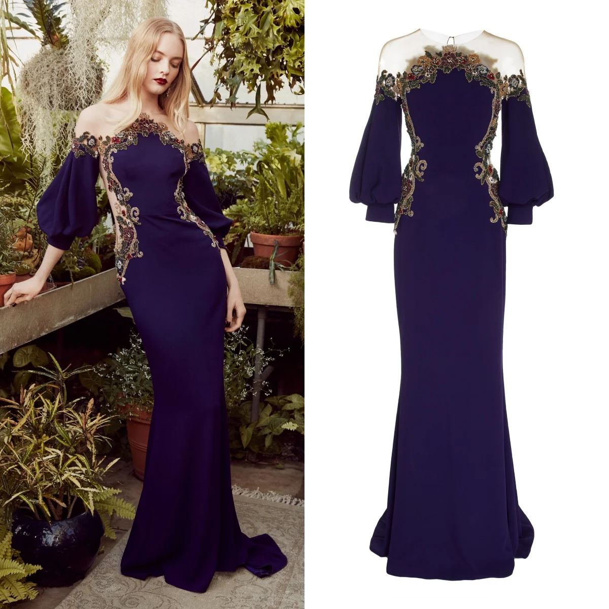 

Marchesa Navy Blue Long Sleevs With Gold Beaded mermaid فساتين السهرة vestidos de fiesta فساتين سهره evening dresses