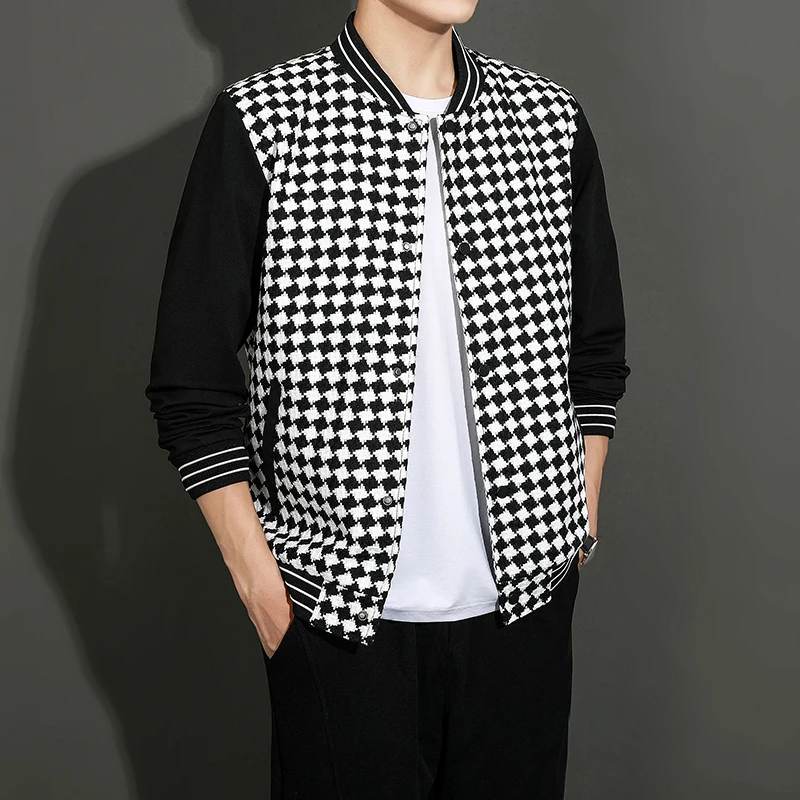 

M-8XL men's oversized jacket with a houndstooth baseball collar, casual loose jacket, fashionable spring and autumn style