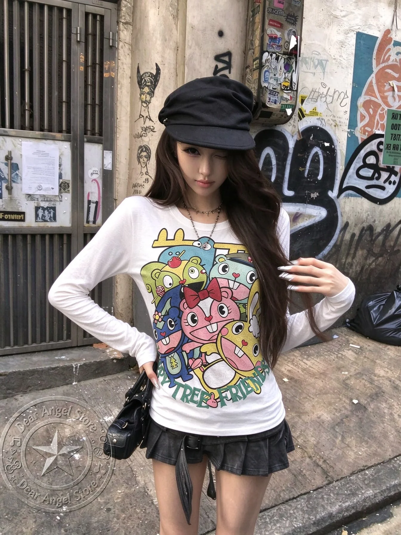 Y2K 2000s Women Sweatshirt Happy Tree Friends Cartoon Graphic Long Sleeve Pullover Harajuku Gothic Kawaii Vintage Tops