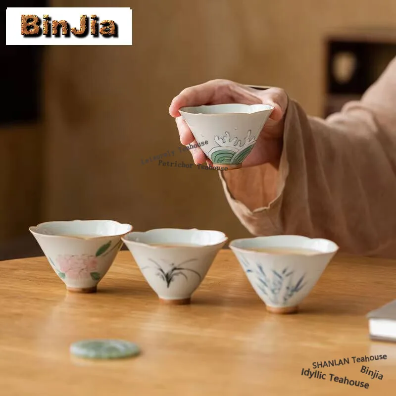 4pc/set 60ml Hand-painted Flower Mouth Master Cup Set Boutique Tea Set Complete Set Bamboo Hat Cup Tea Ceremony Set Gift Box