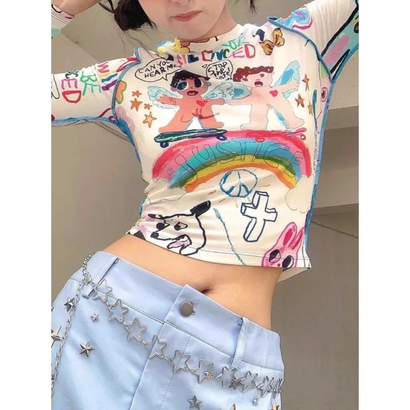 

Women American Retro Tops Female Summer Cartoon Printed Long Sleeve T-shirt Short Basic Y2k Harajuku Casual 2024 New Crop Top