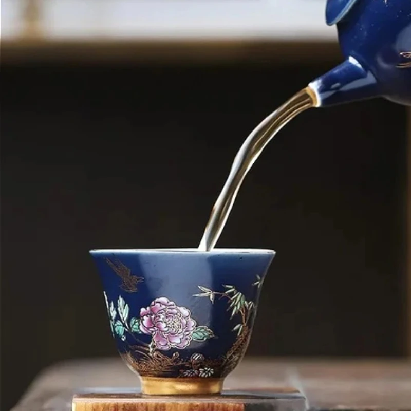 أكواب شاي سيراميك أزرق كوبالت مع حواف ذهبية - طقم شاي كونغ فو مصنوع يدويًا، حفل زين وصندوق هدايا مكون من 6 قطع للمنزل والهدايا