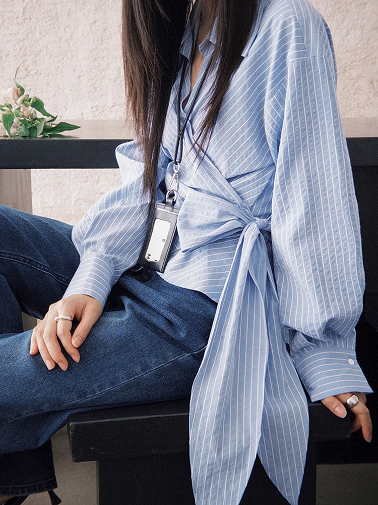 YERMORA Blue Striped Irregular Bandage Casual Blouse For Women Lapel Long Sleeve Loose New Shirt Fashion Tide Spring Autumn 2025