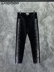 Trendy Male Denim Trousers Chic Starry Rhinestone Solid Color Handsome Jeans Men's High-End Trendy Slim Fit Skinny Denim Pants