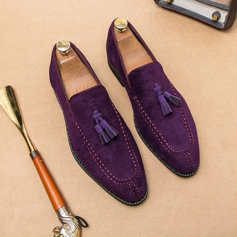 Brand Design Men Suede Leather Shoes Moccasins Purple Tassel Pointed Men\'s Loafers Vintage Slip-on Casual Men Social Dress Shoe