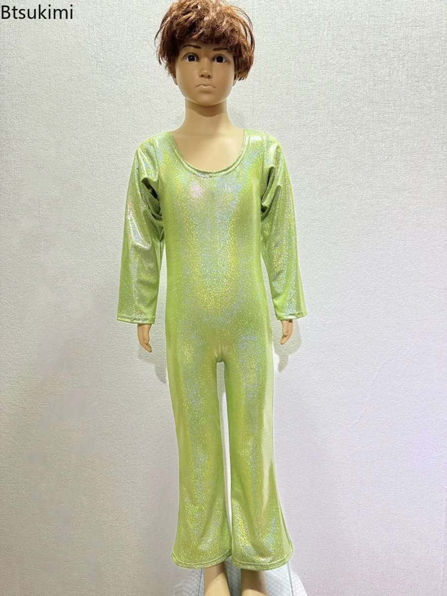 Girls Boys Jumpsuit Glitter Ballet Jazz Dance Performance Costumes Hippie Long Sleeve Ruffle Bell Bottom Full Bodysuit for Kids