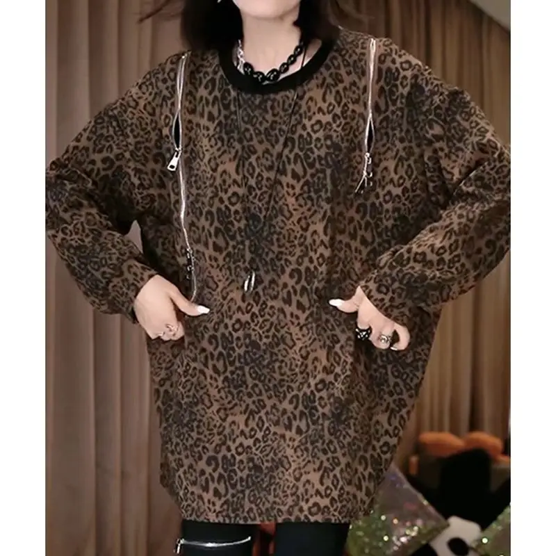 Women's Clothing Y2K Leopard O-neck T-Shirt Spring New Loose Chic Zipper Long Sleeve Vintage T-Shirt