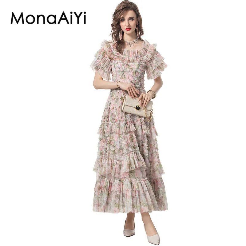 MonaAiYi-vestido de baile feminino de manga borboleta, vestido de verão, babados em camadas, sem encosto, vestidos Mixi florais elegantes, moda